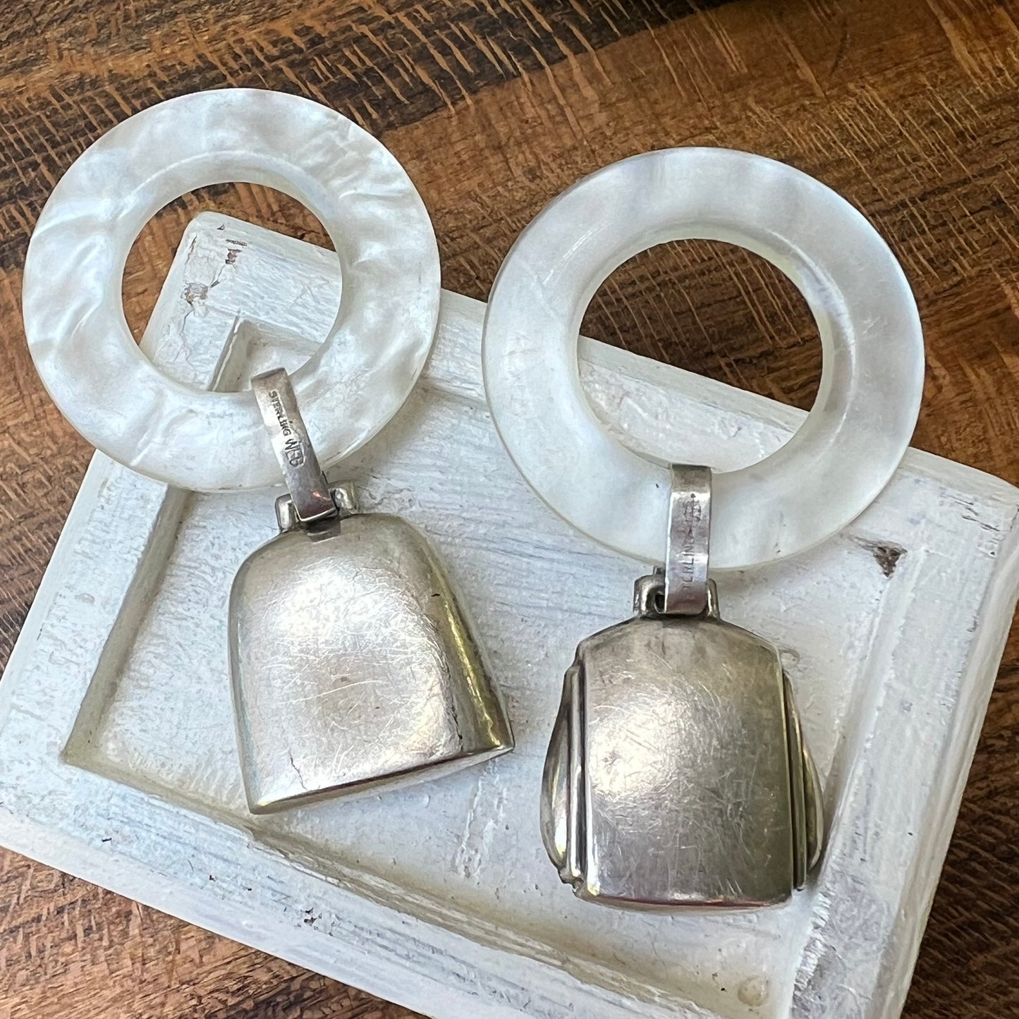 Two Mid Century Modern Web Sterling Silver Baby Rattles & Pearl Lucite Teether