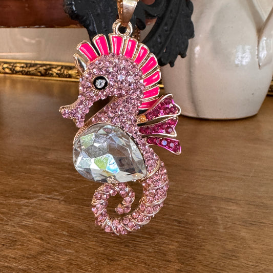 Betsy Johnson Pink Enamel Rhinestone Seahorse Pendant Necklace