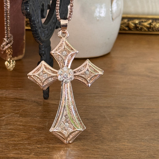 Betsey Johnson Clear Multi Faceted Rhinestone Cross Necklace