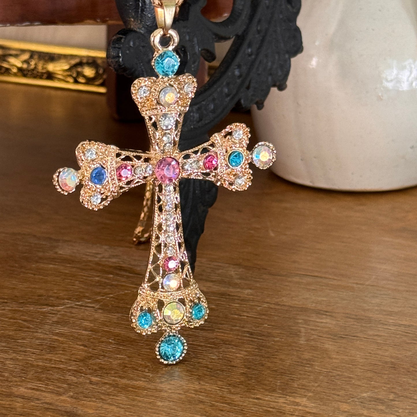 Betsey Johnson Pastel Rhinestone Regal Crown Cross Necklace