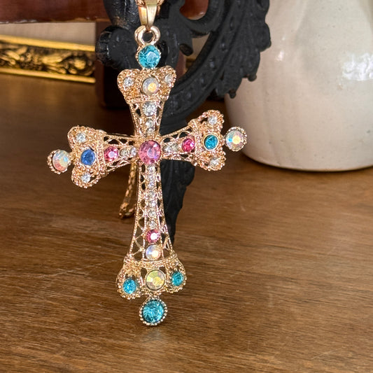 Betsey Johnson Pastel Rhinestone Regal Crown Cross Necklace