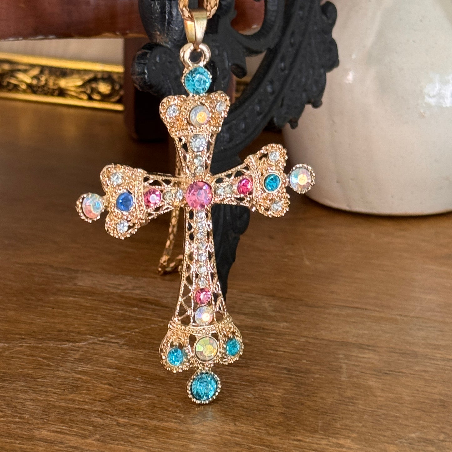 Betsey Johnson Pastel Rhinestone Regal Crown Cross Necklace