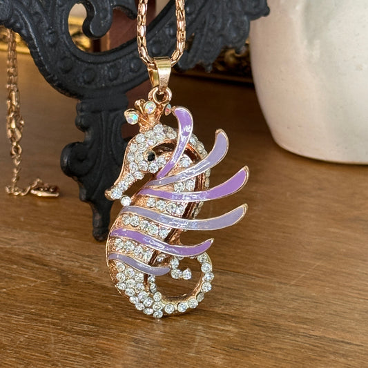 Betsy Johnson Lavender Enamel & Rhinestone Seahorse Pendant Necklace