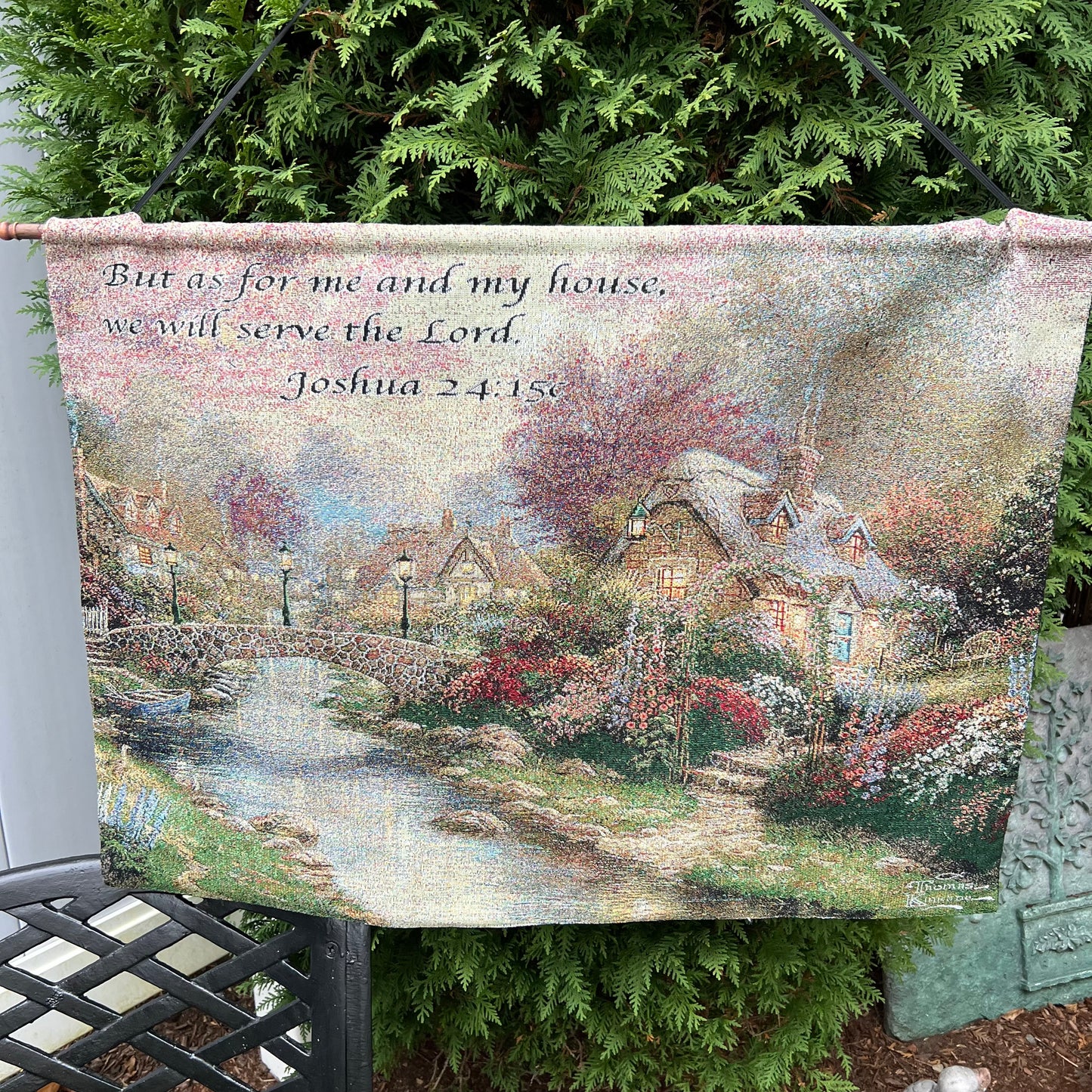 Vintage Thomas Kincade " Lamplight Bridge" Tapestry Wall Hanging 35" x 26"