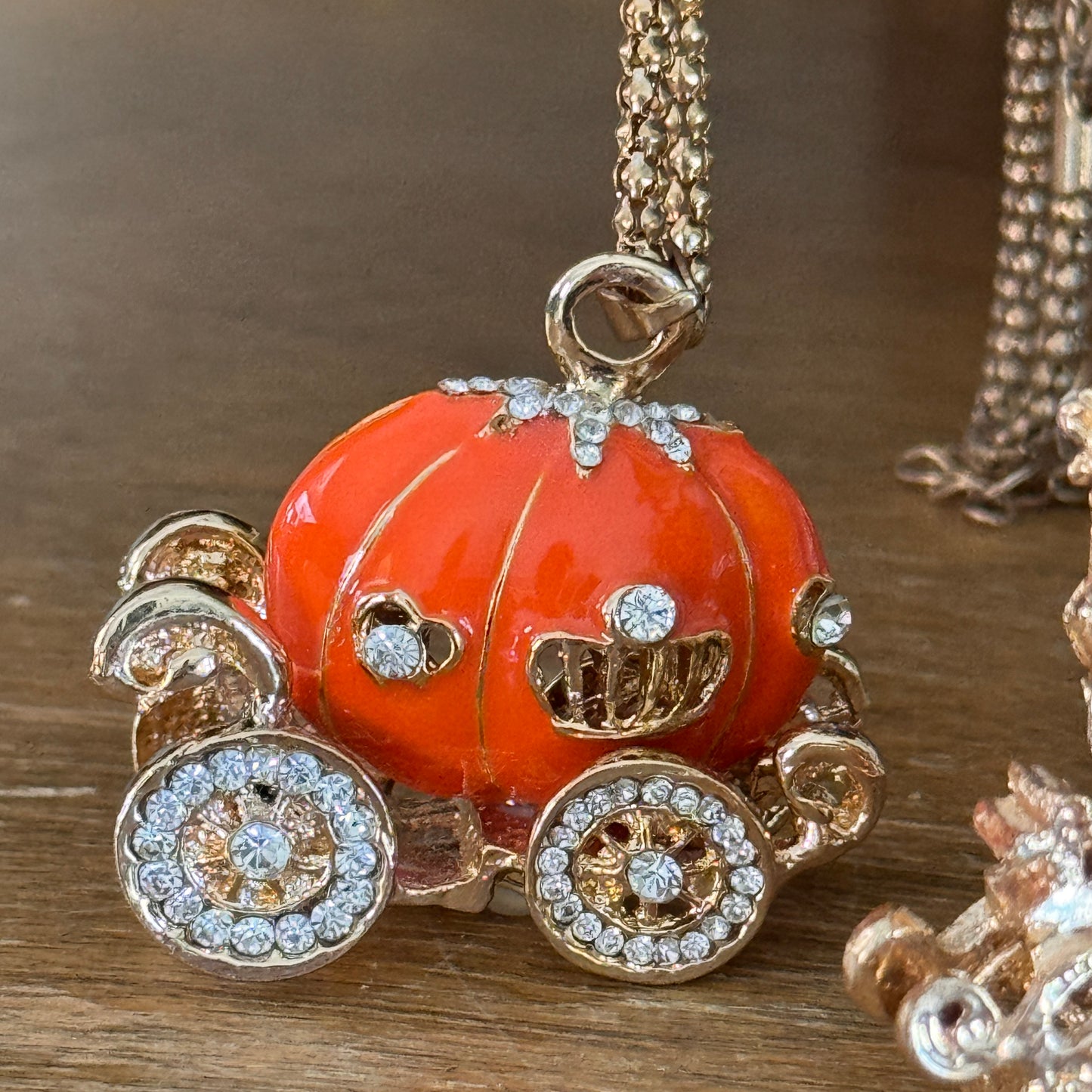 Betsey Johnson Rhinestone Enamel Orange Pumpkin Coach Necklace
