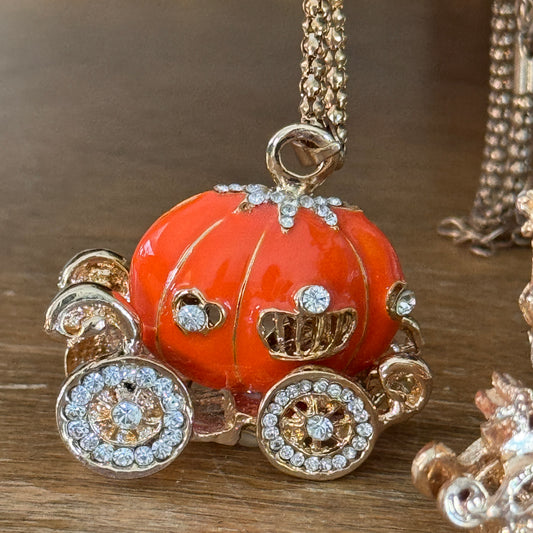 Betsey Johnson Rhinestone Enamel Orange Pumpkin Coach Necklace