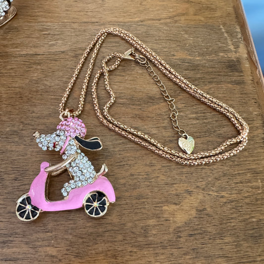 Betsey Johnson Pink Enamel, Pink and Clear Multi Faceted Rhinestone Dog & Scooter Necklace