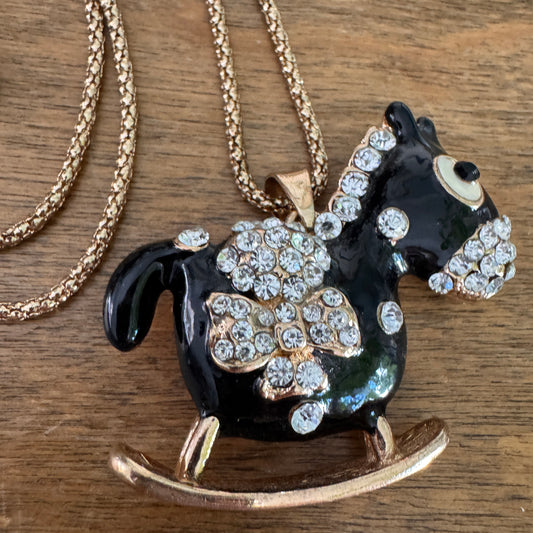 Betsey Johnson Black Enamel & Clear Multi Faceted Rhinestone Rocking Horse Necklace