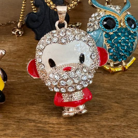 Betsey Johnson Red Enamel and Rhinestone Monkey Pendant Necklace