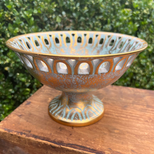 Vintage Stangl Pottery Gilt Mint Green Pedestal Fruit Bowl