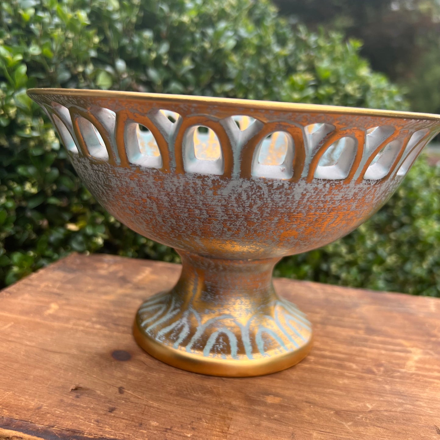Vintage Stangl Pottery Gilt Mint Green Pedestal Fruit Bowl