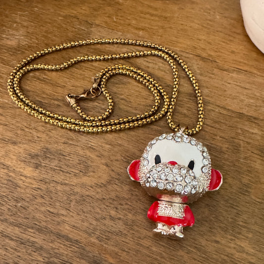 Betsey Johnson Red Enamel and Rhinestone Monkey Pendant Necklace