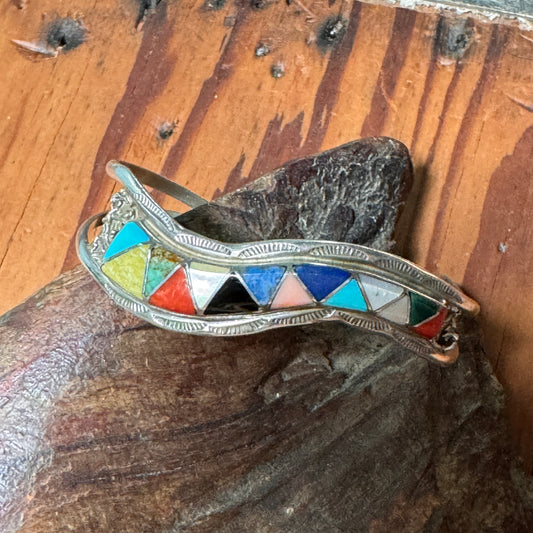 Vintage Zuni Sterling Inlaid Cuff Bracelet Signed ECS