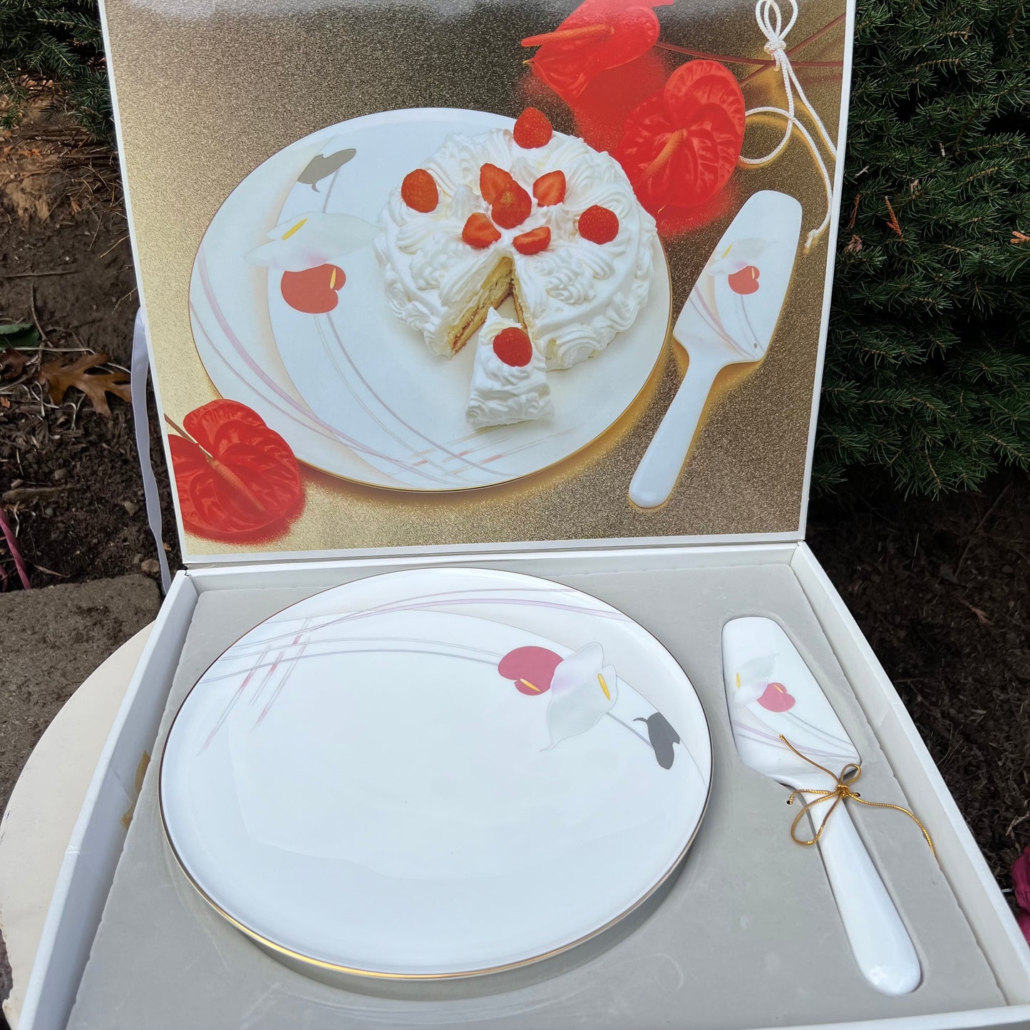 Vintage Mikasa Bone China Anthurium Cake Plate & Serving Knife Orig Box