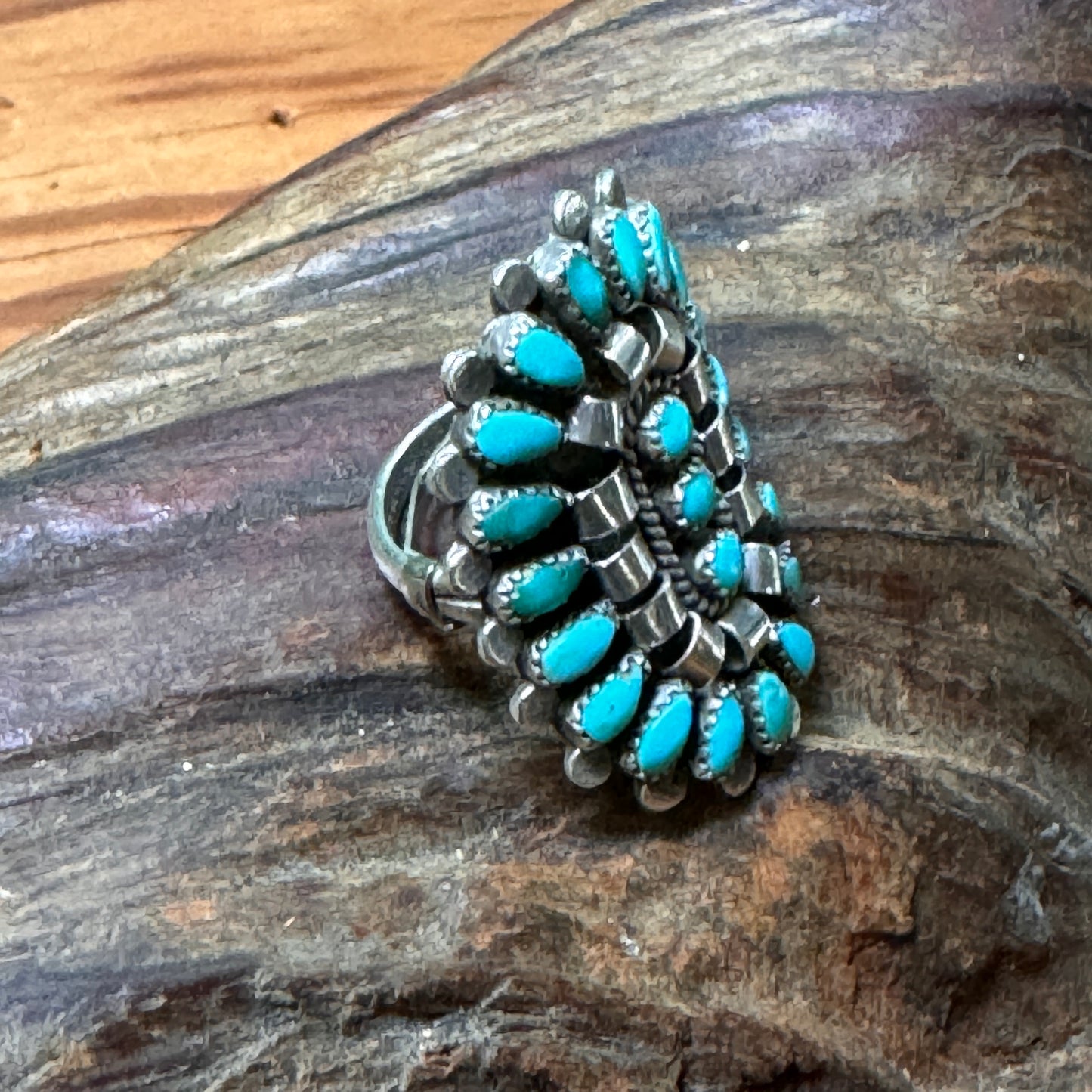 Vintage Zuni Navajo Sterling Silver Needlepoint Turquoise  Ring Size 5-1/2