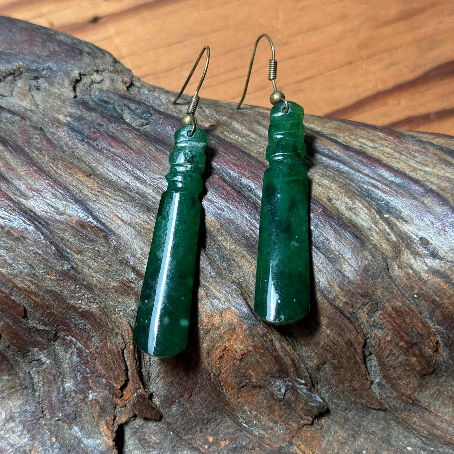 Vintage Carved Jade Dangle Shepherd Hook Earrings