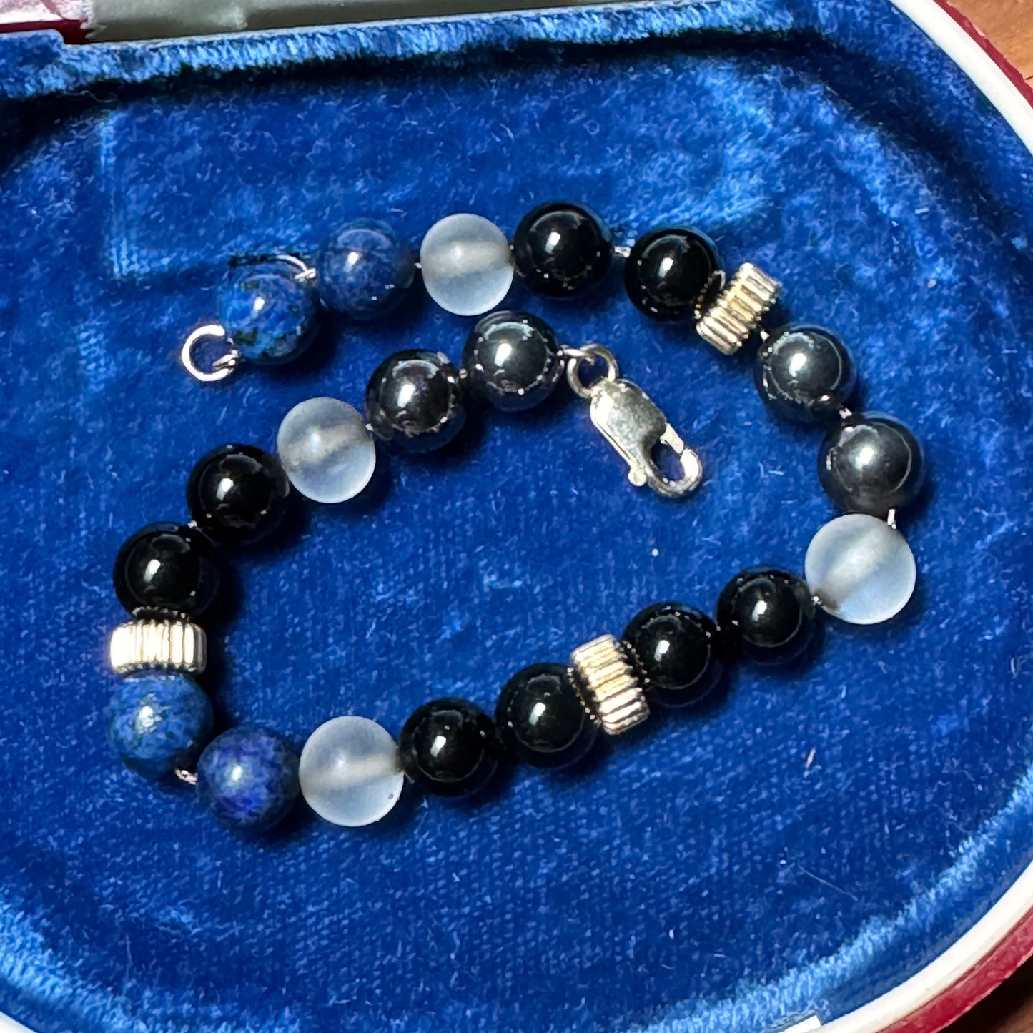 Vintage 14K Gold Onyx, Quartz, Hematite & Lapis Lazuli Bracelet