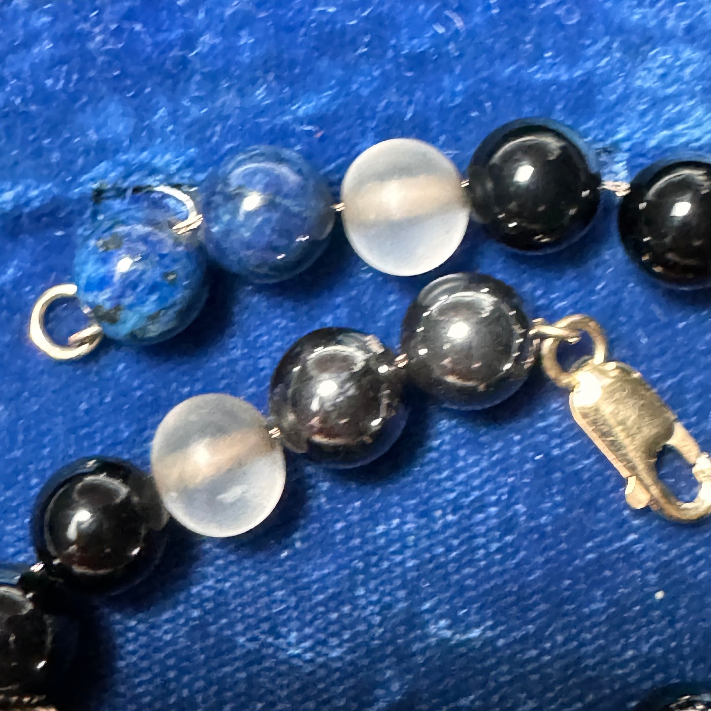 Vintage 14K Gold Onyx, Quartz, Hematite & Lapis Lazuli Bracelet