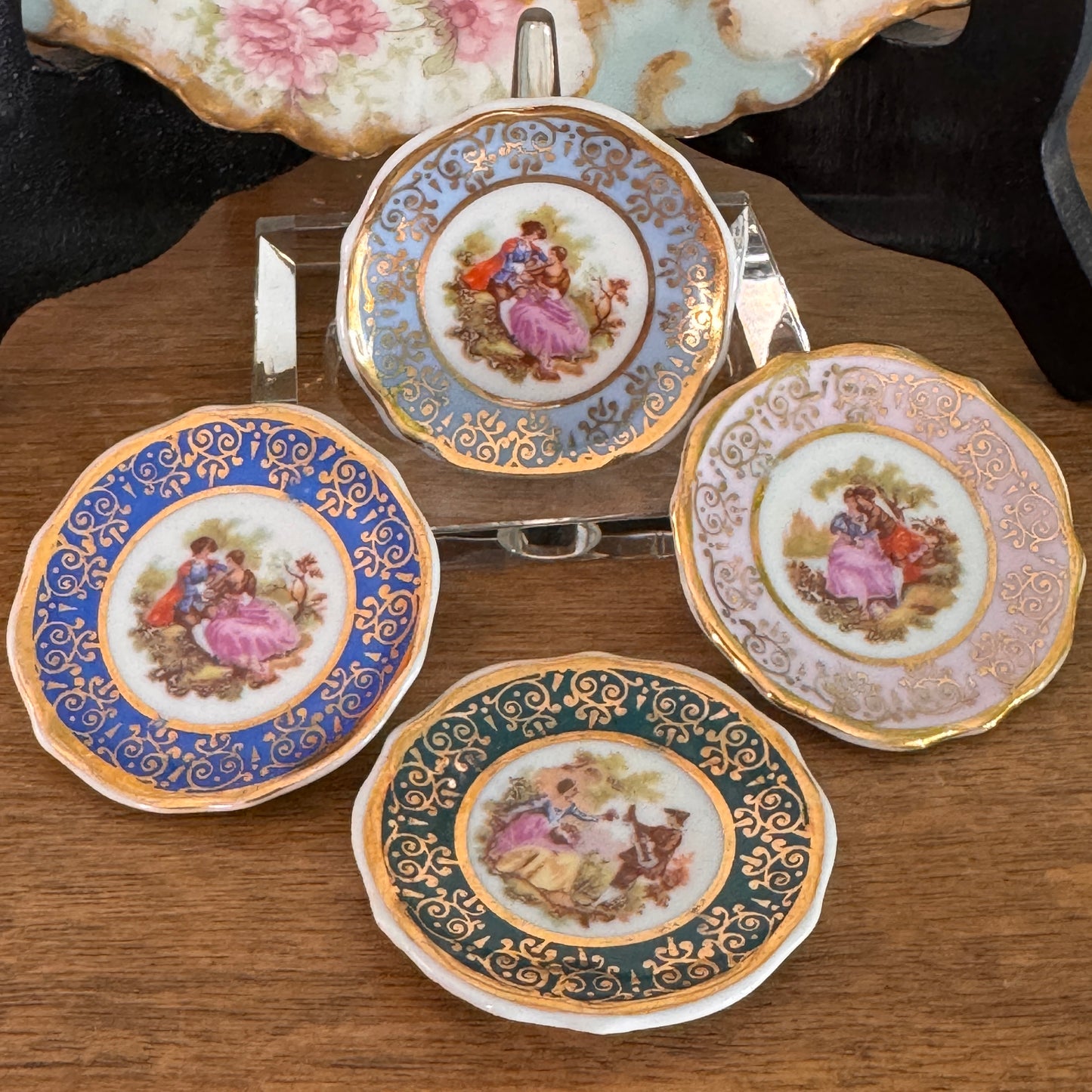 Miniature Four French Limoges Meissner Hand Painted Plates