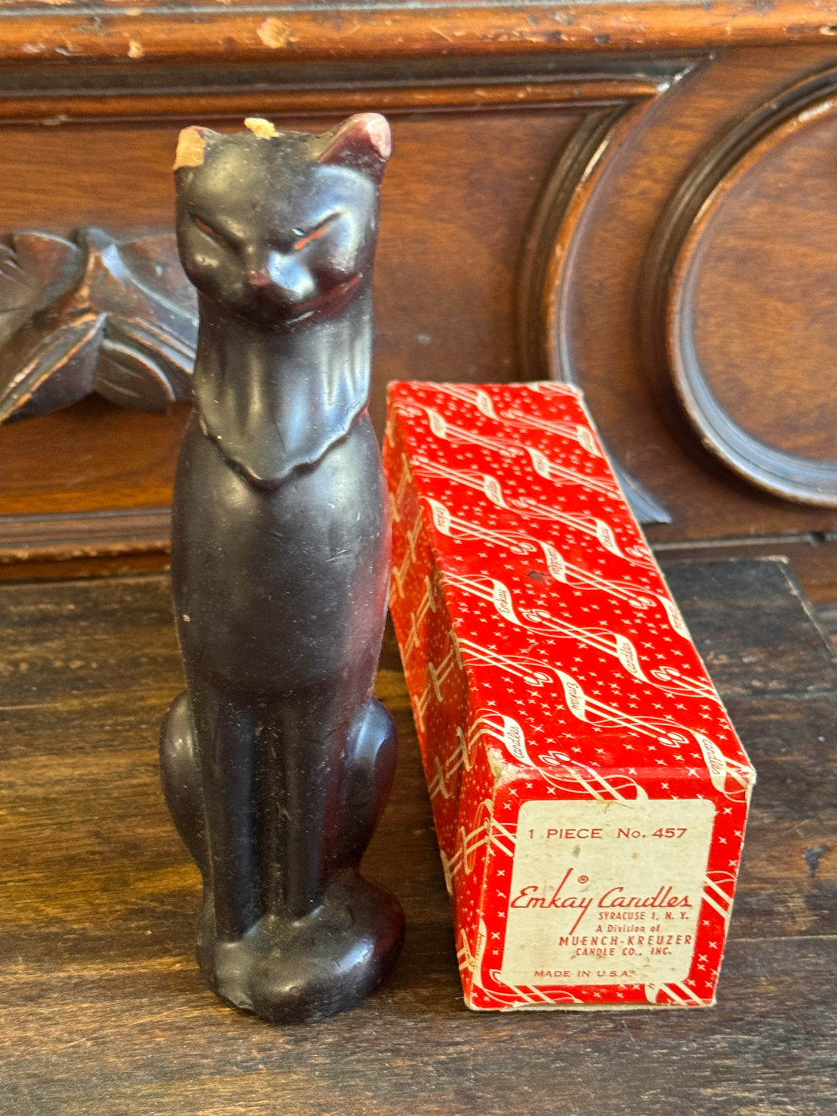 Vintage Emkay Mid-Century Black Cat Candle #457 with Original Box