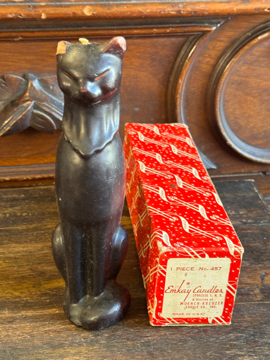 Vintage Emkay Mid-Century Black Cat Candle #457 with Original Box