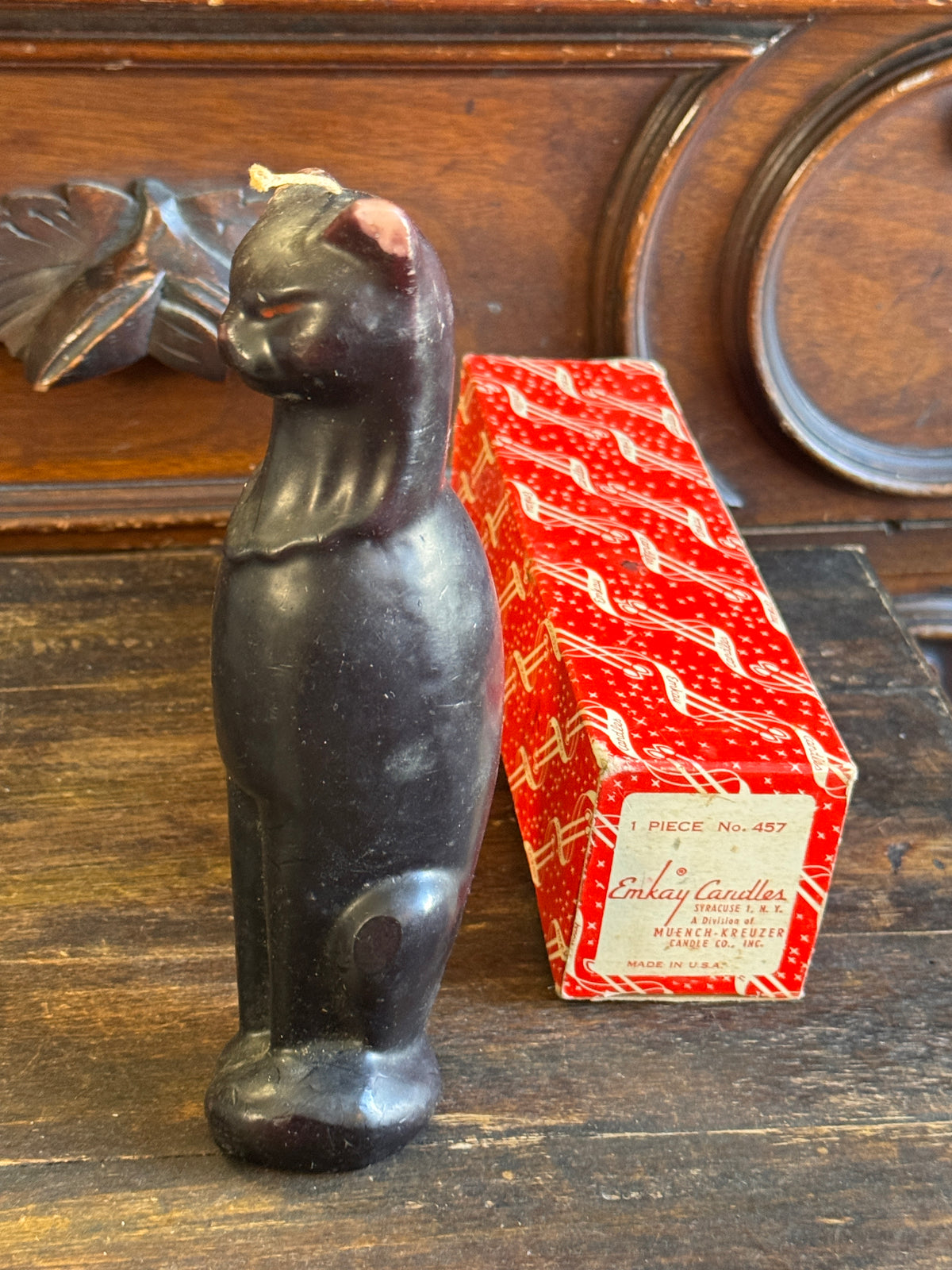 Vintage Emkay Mid-Century Black Cat Candle #457 with Original Box
