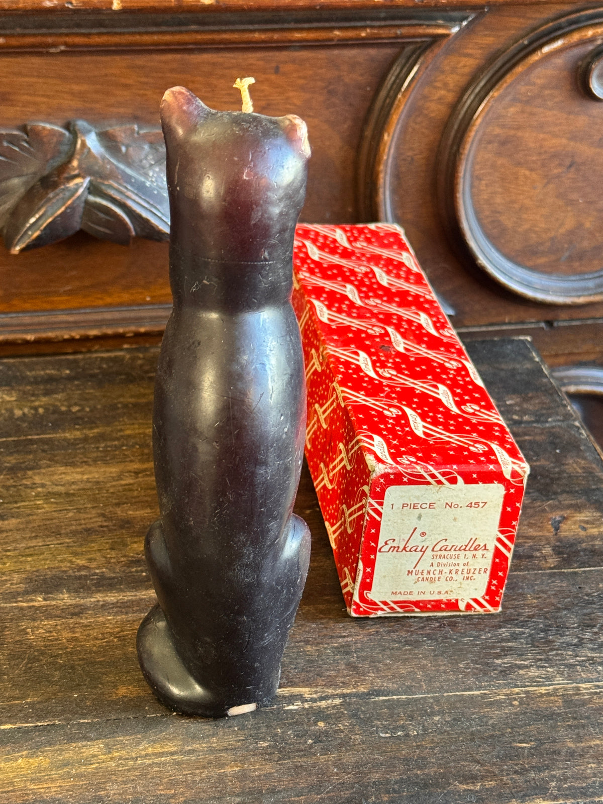 Vintage Emkay Mid-Century Black Cat Candle #457 with Original Box