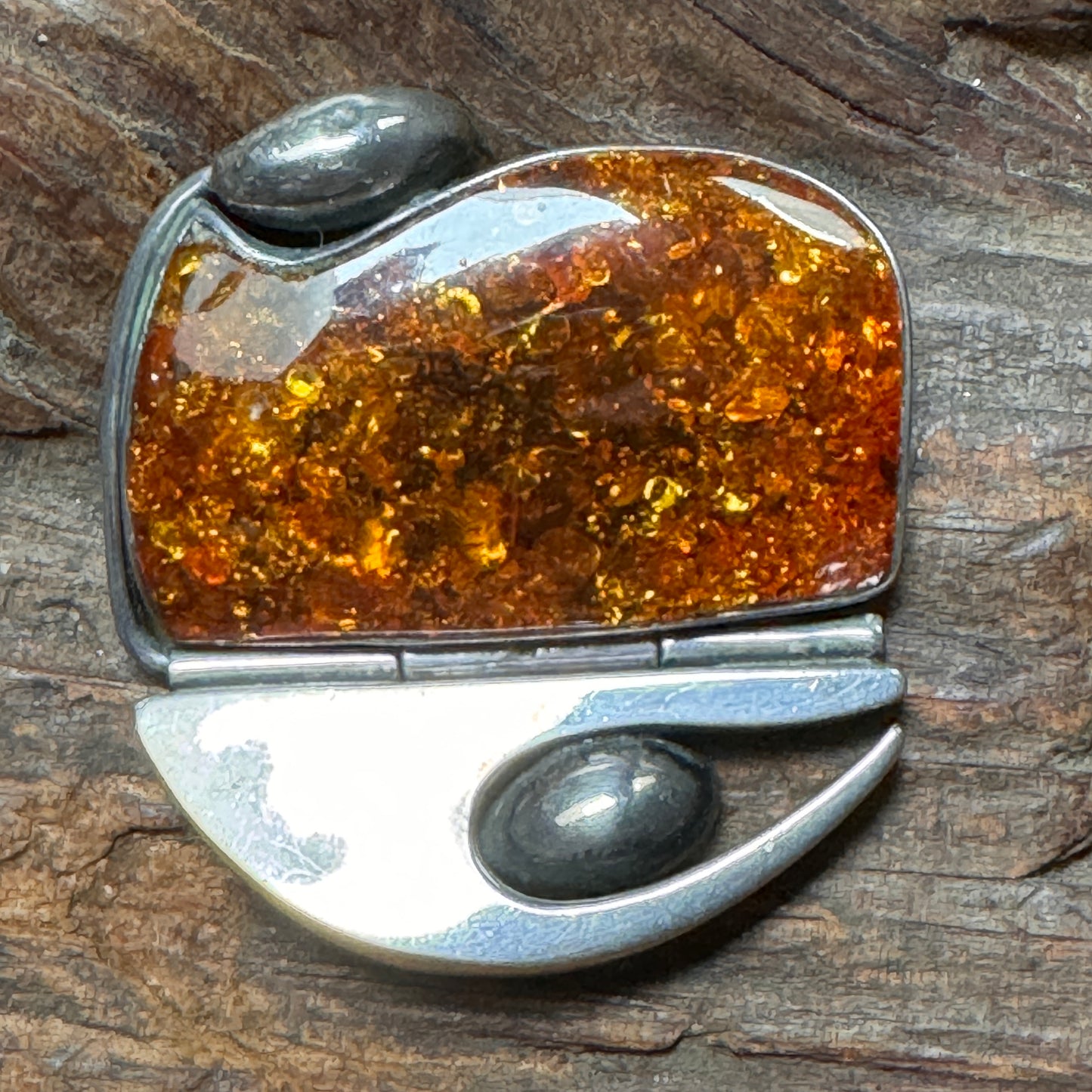 Modernist Golden Amber Sterling Silver Pin