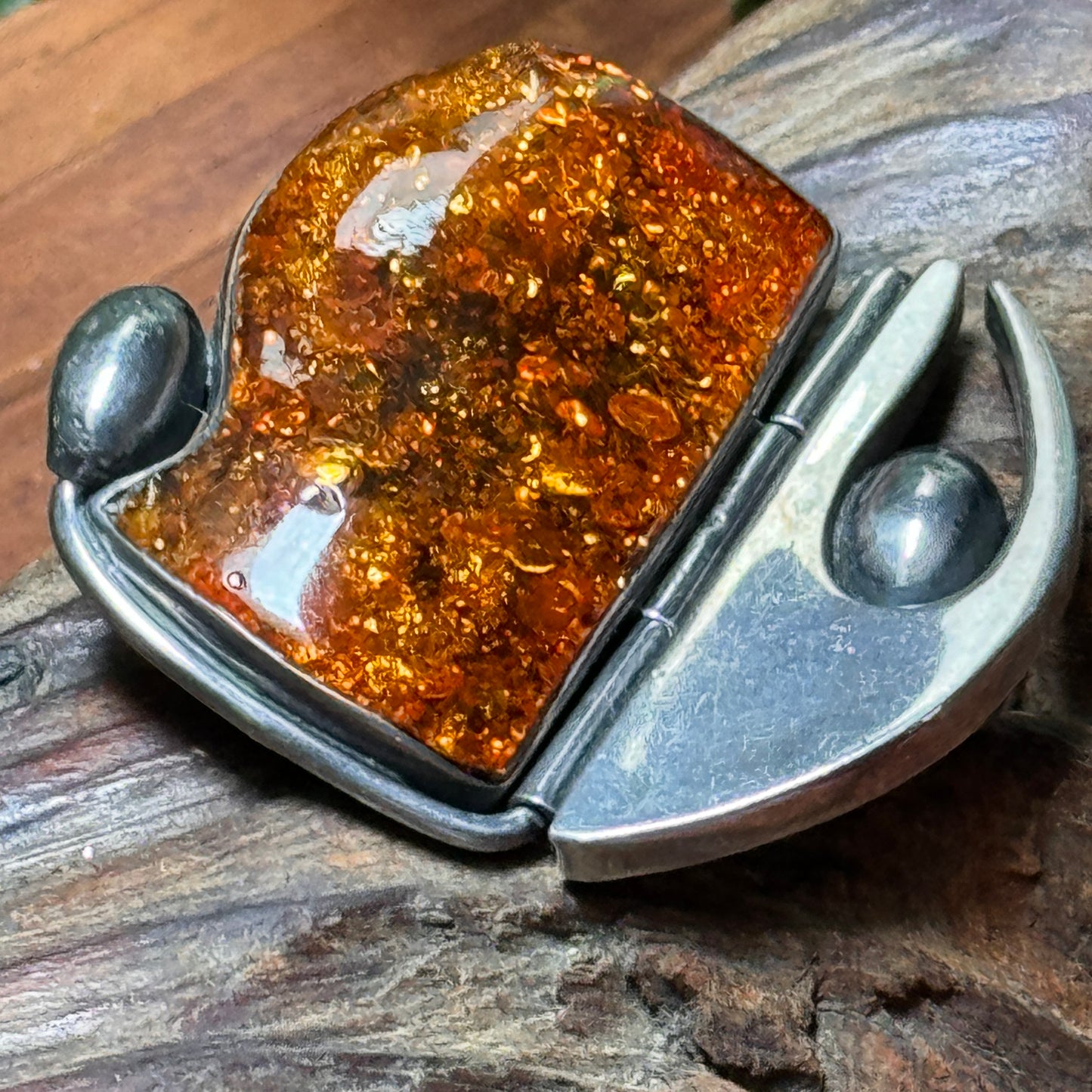 Modernist Golden Amber Sterling Silver Pin