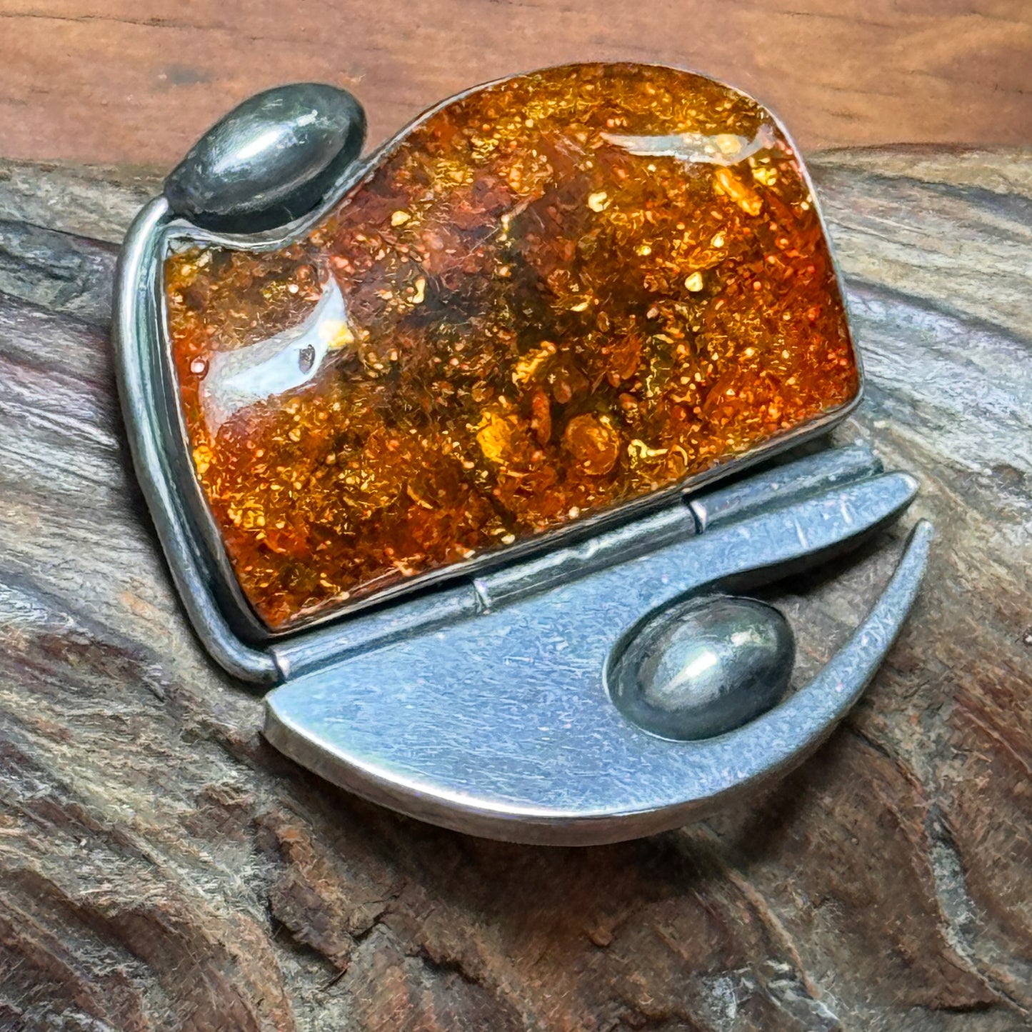 Modernist Golden Amber Sterling Silver Pin