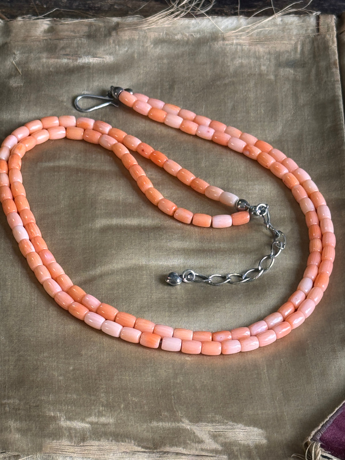 Vintage Pink Angel Skin Coral Double Strand Necklace with Sterling Silver Clasp