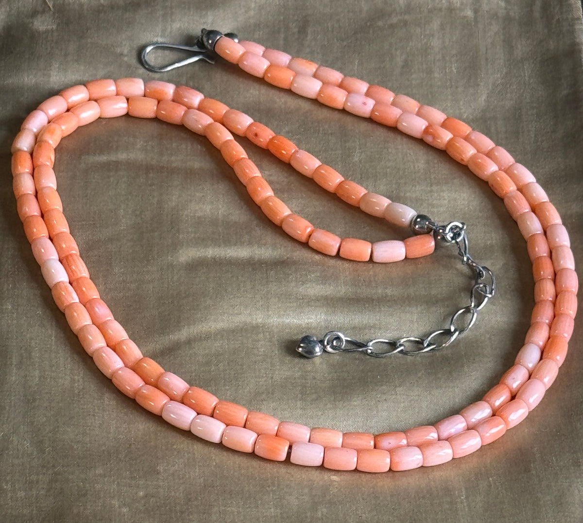Vintage Pink Angel Skin Coral Double Strand Necklace with Sterling Silver Clasp
