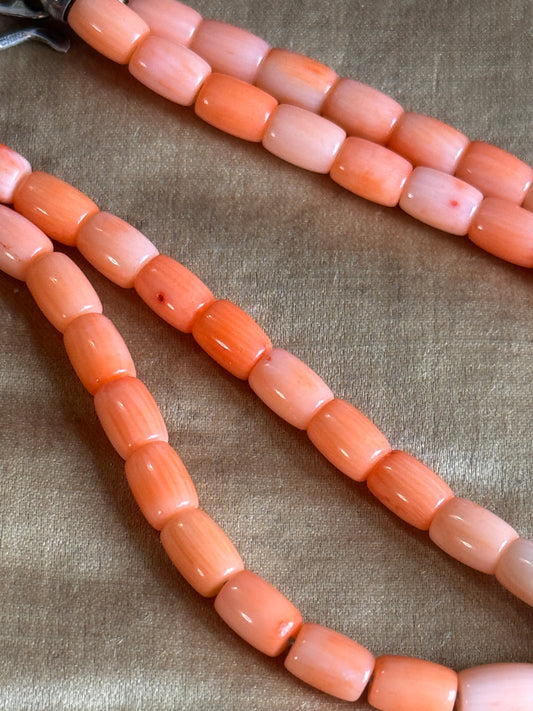Vintage Pink Angel Skin Coral Double Strand Necklace with Sterling Silver Clasp