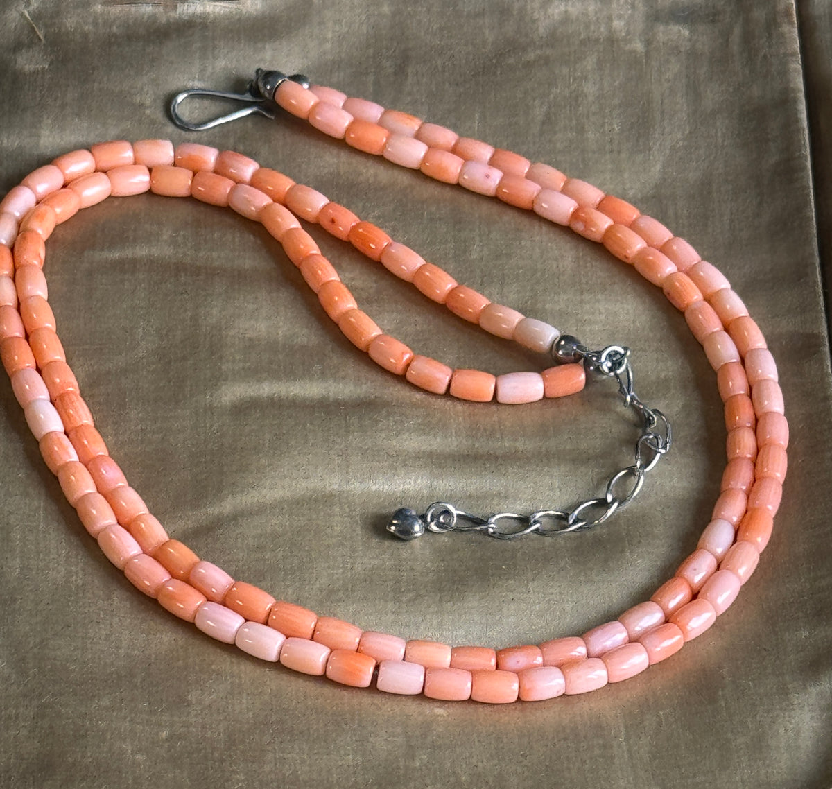 Vintage Pink Angel Skin Coral Double Strand Necklace with Sterling Silver Clasp