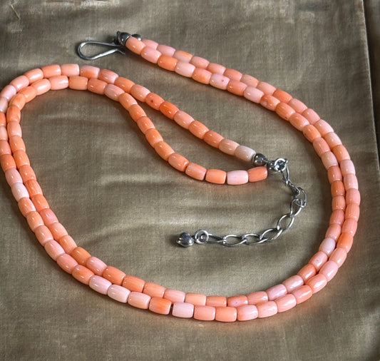 Vintage Pink Angel Skin Coral Double Strand Necklace with Sterling Silver Clasp