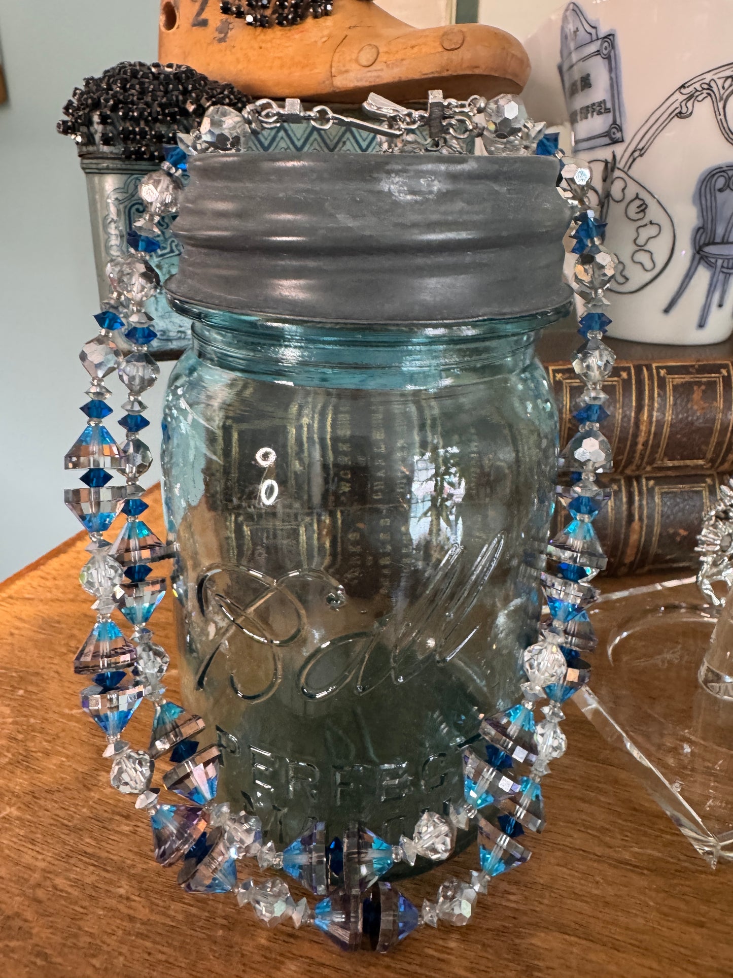 Vintage Vendome MCM Silver Blue Double Strand Glass Bead Necklace