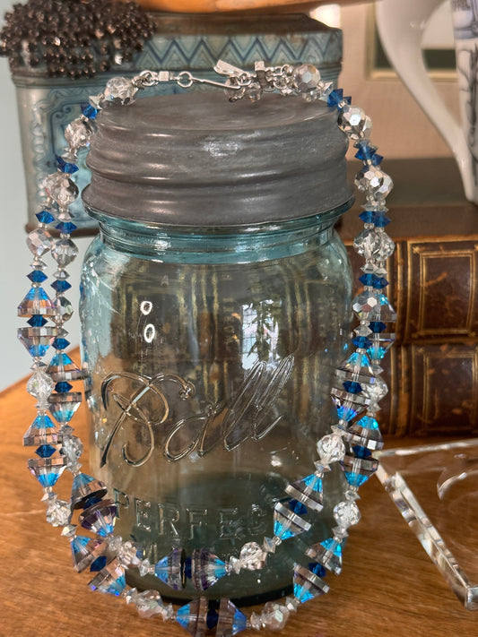 Vintage Vendome MCM Silver Blue Double Strand Glass Bead Necklace
