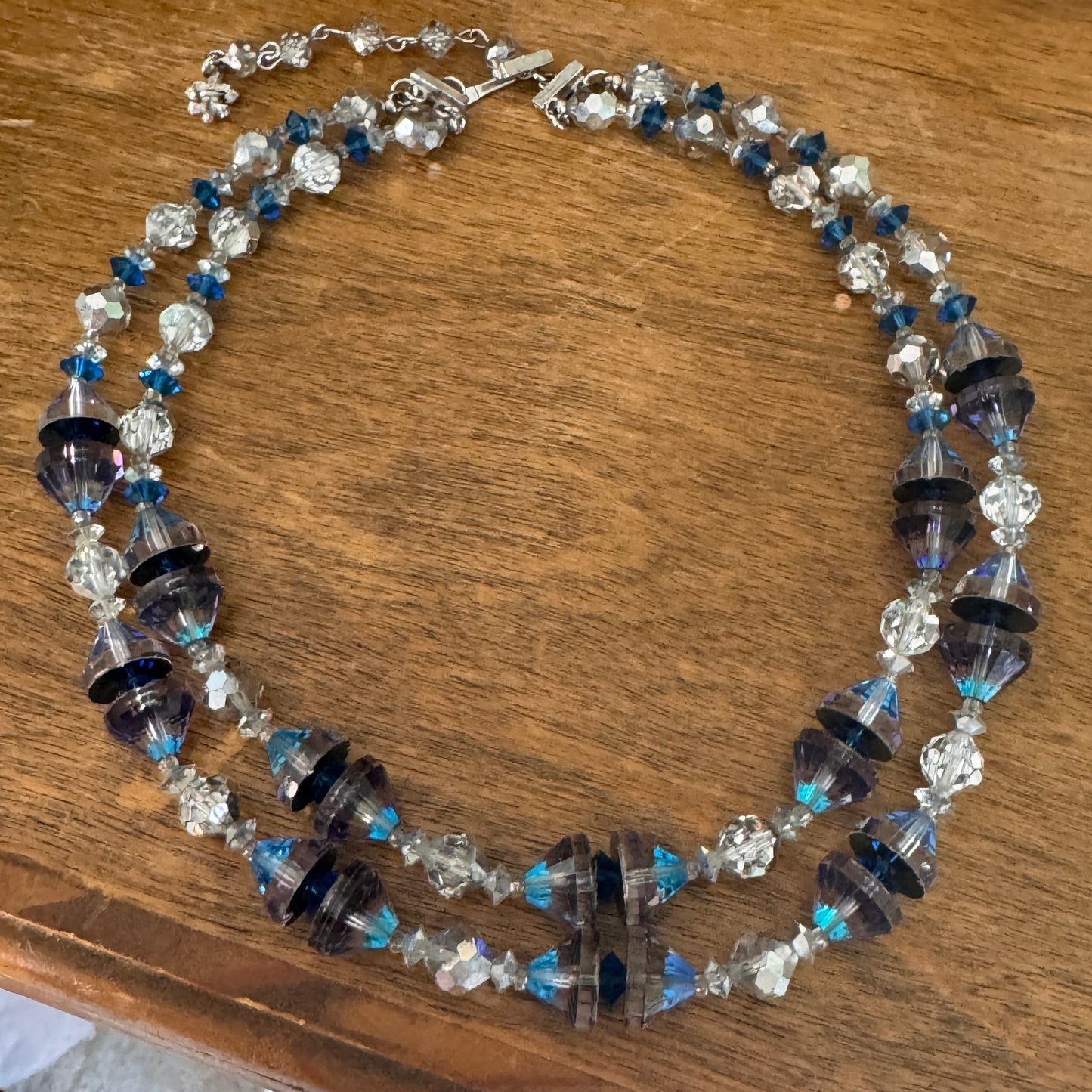 Vintage Vendome MCM Silver Blue Double Strand Glass Bead Necklace