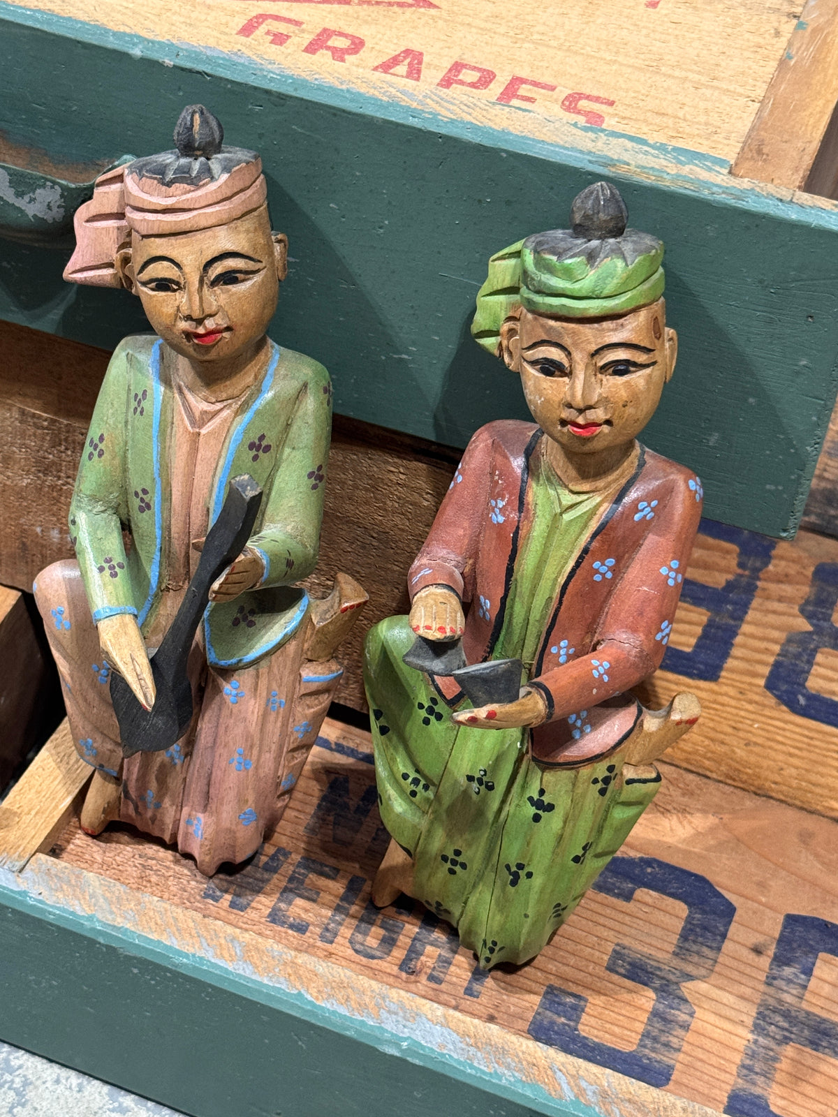 Hand-Painted Wooden Temple Musician Wall Hangings, Set of 2
