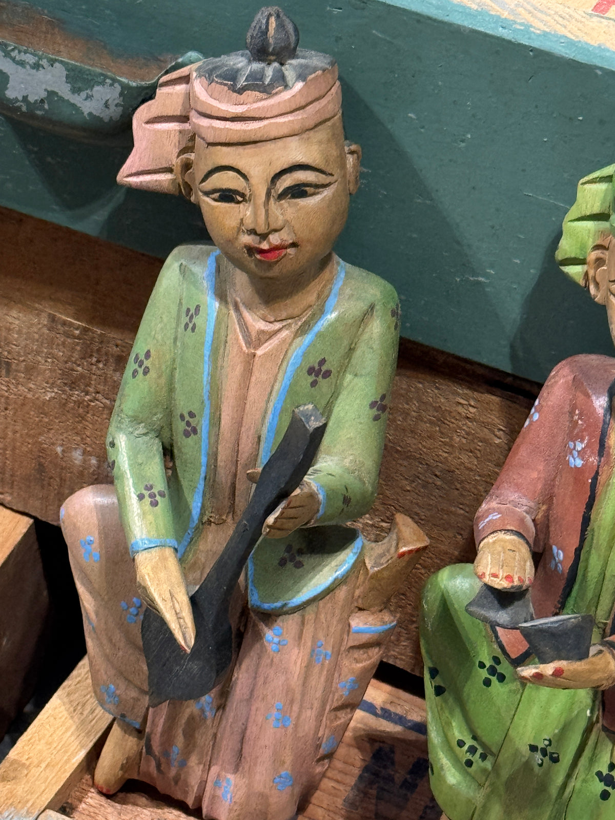 Hand-Painted Wooden Temple Musician Wall Hangings, Set of 2