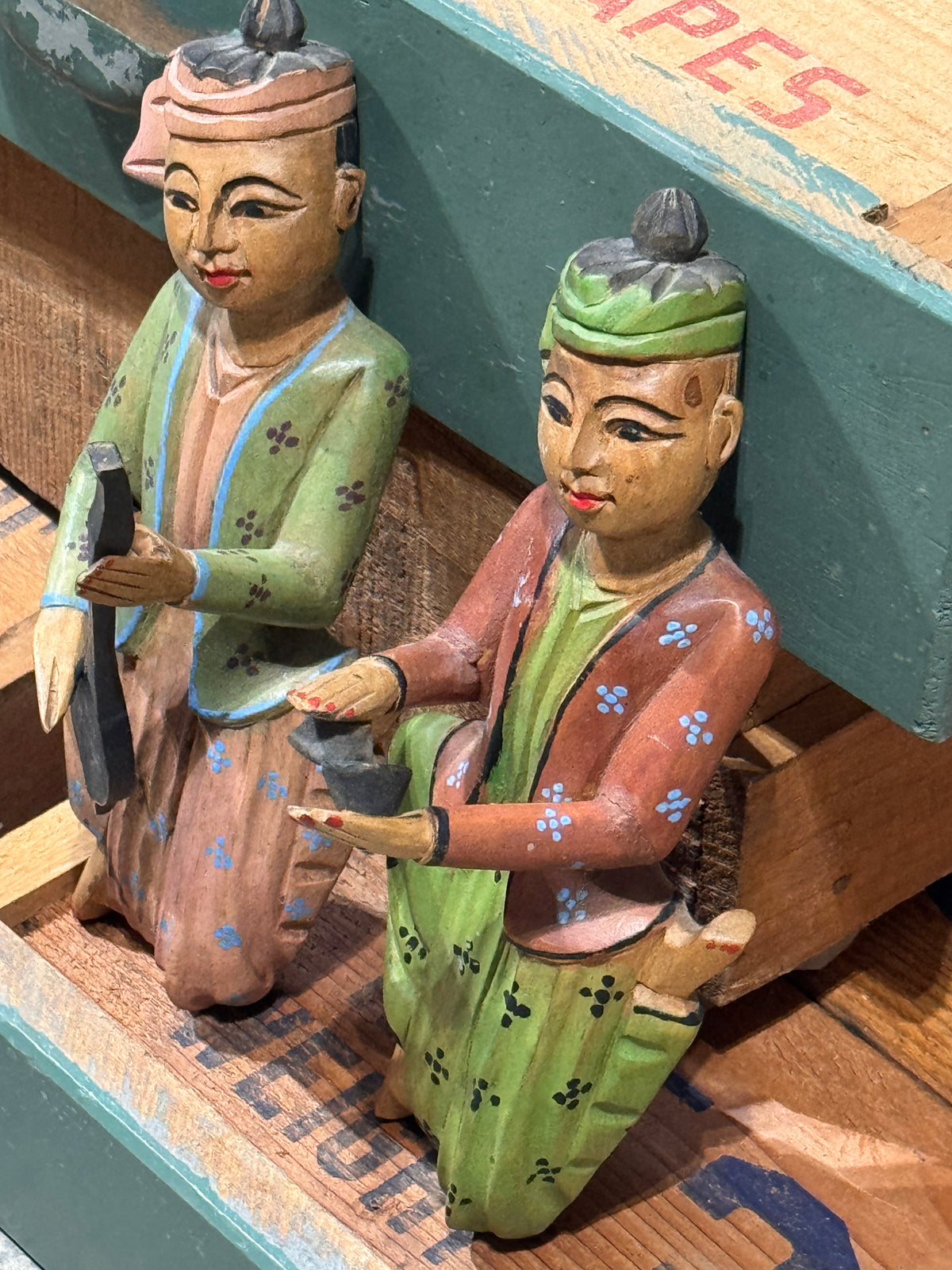 Hand-Painted Wooden Temple Musician Wall Hangings, Set of 2