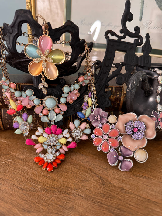 Four Vintage Floral Rhinestone Layered Necklaces