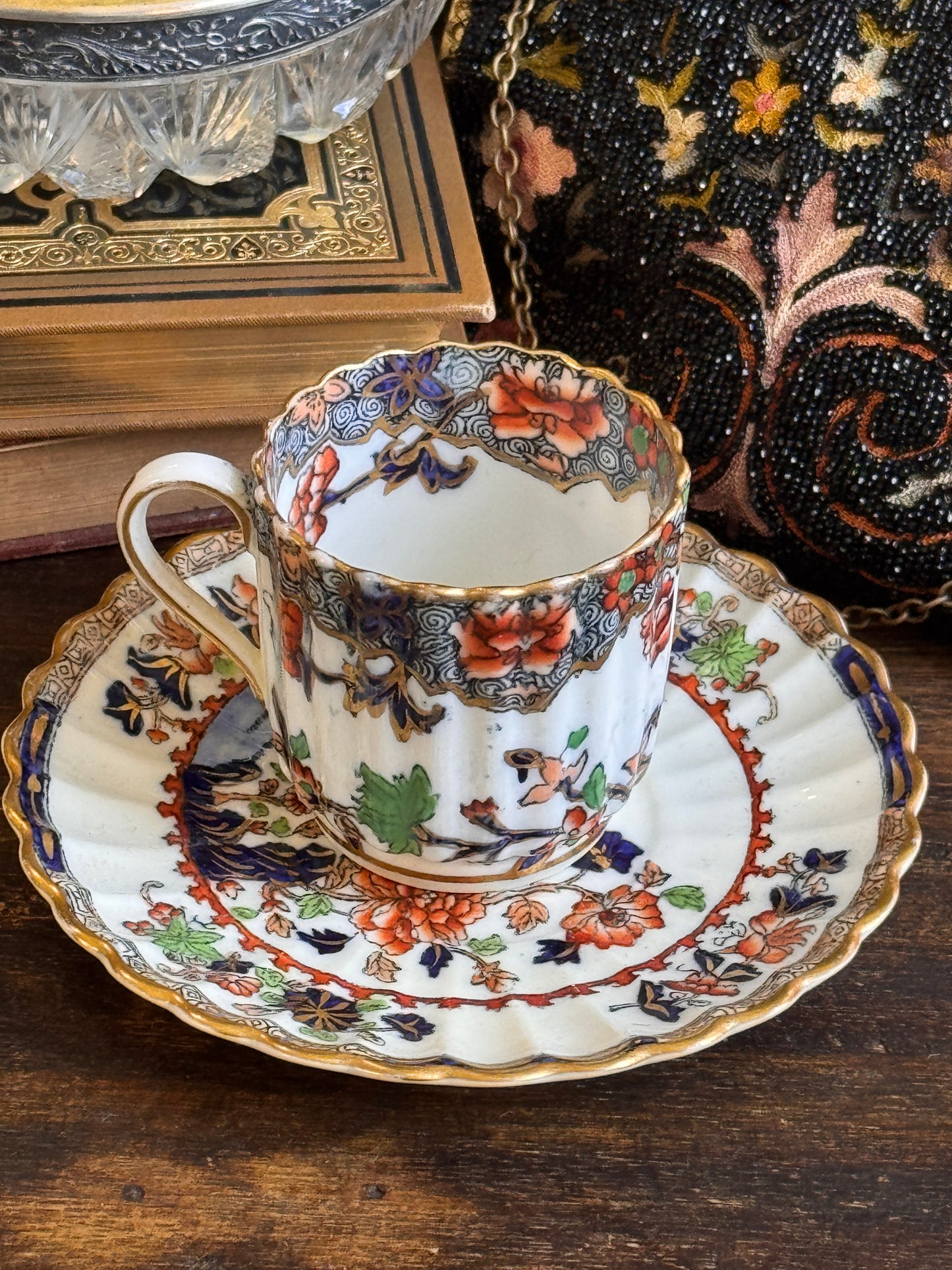 Spode Copeland Peacocks Demitasse Ruffled Edge Cup and Saucer