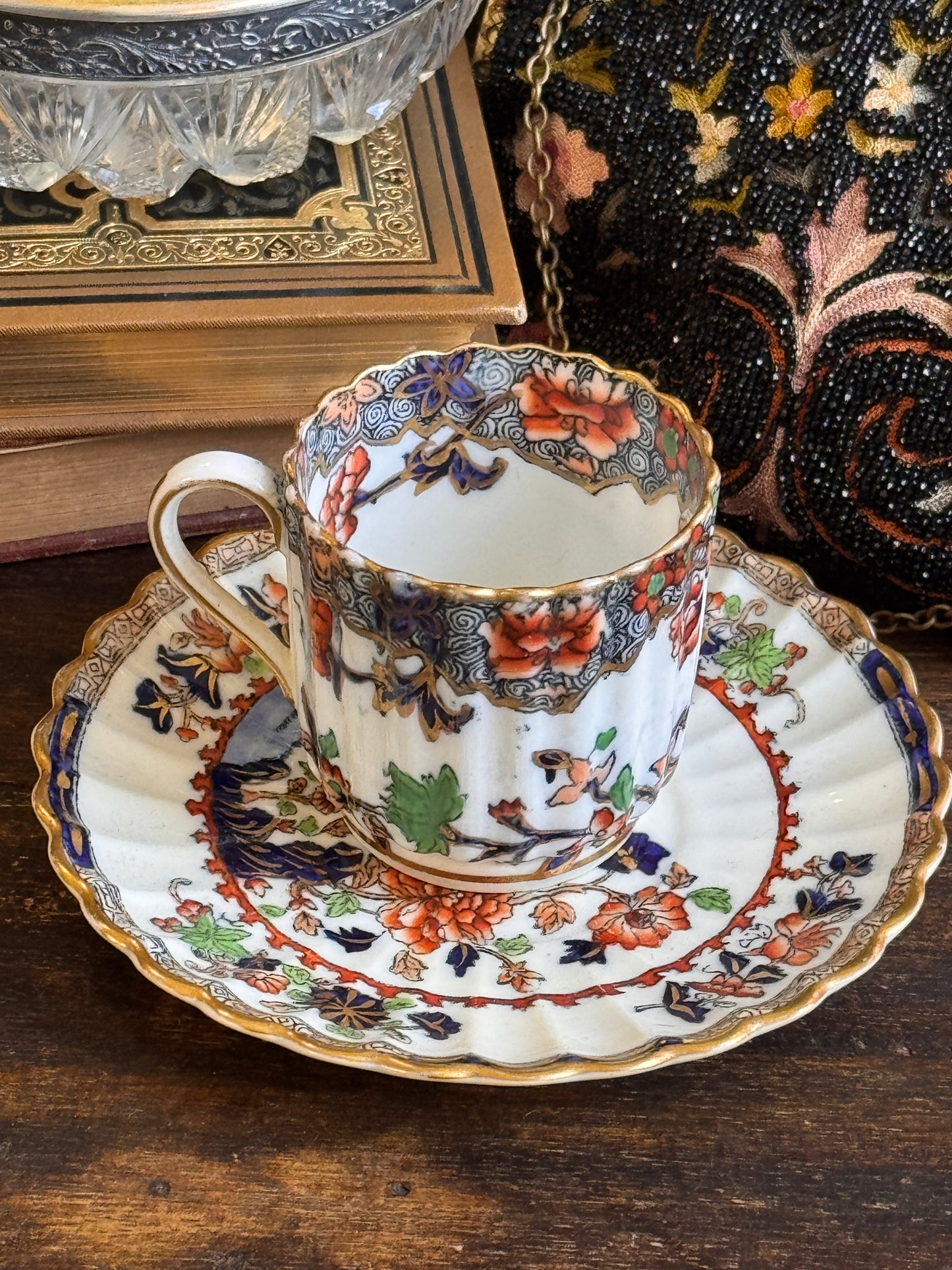 Spode Copeland Peacocks Demitasse Ruffled Edge Cup and Saucer