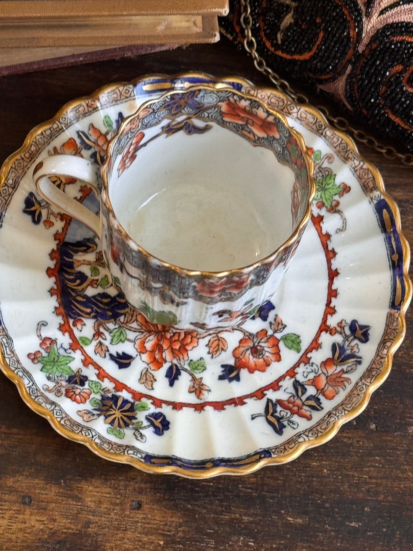 Spode Copeland Peacocks Demitasse Ruffled Edge Cup and Saucer