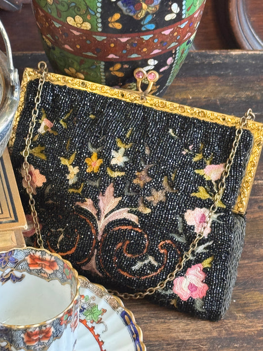 Art Deco Black Micro Glass Beaded Floral Embroidered Gilt Metal Evening Bag Purse