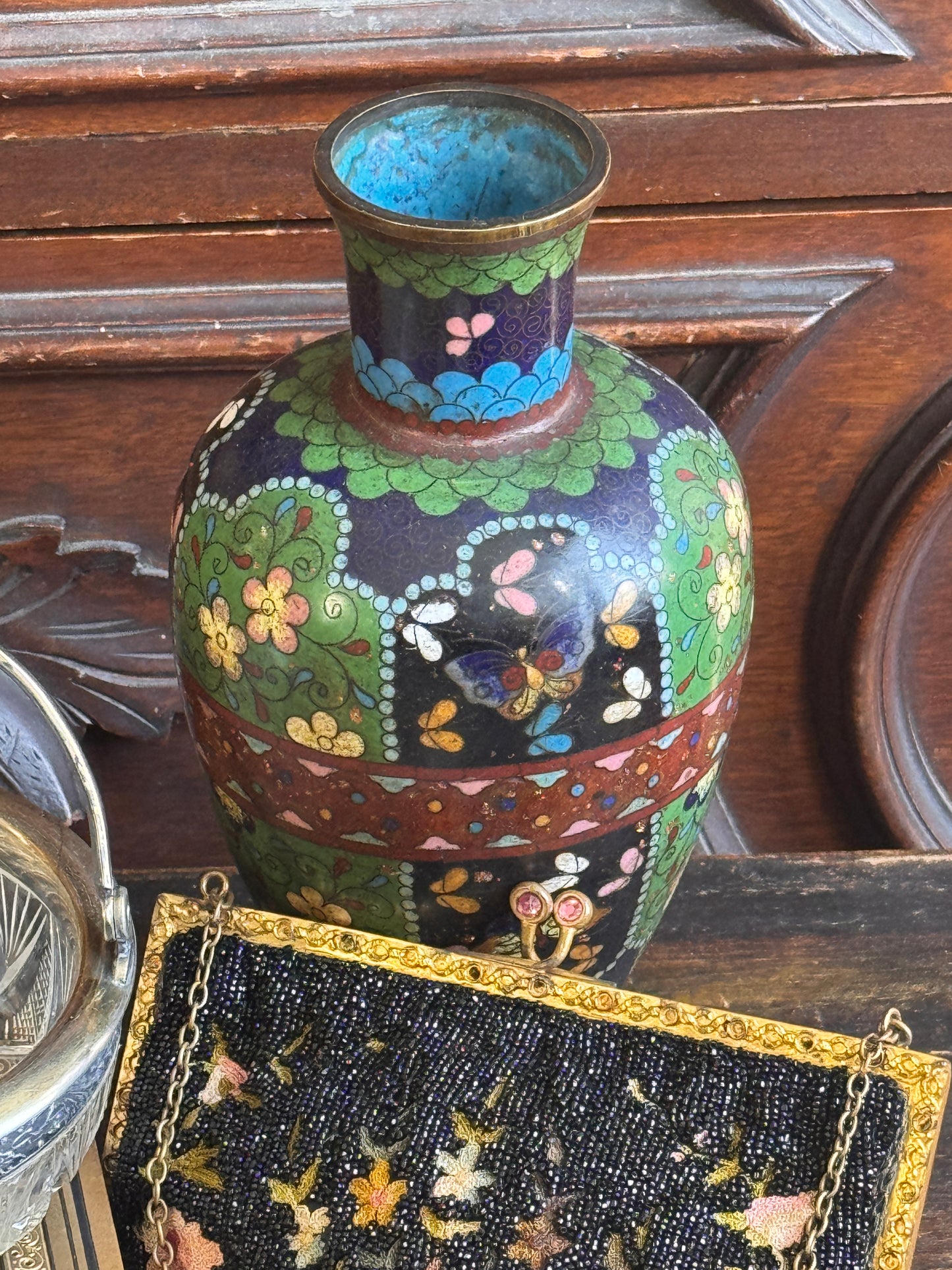 Antique Japanese Meiji Cloisonne Enamel Vase Goldstone Ground Butterflies 8"