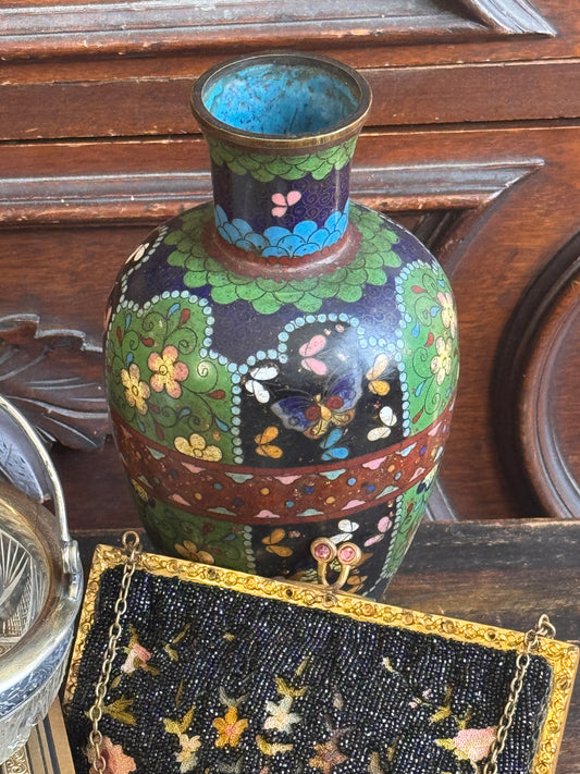 Antique Japanese Meiji Cloisonne Enamel Vase Goldstone Ground Butterflies 8"
