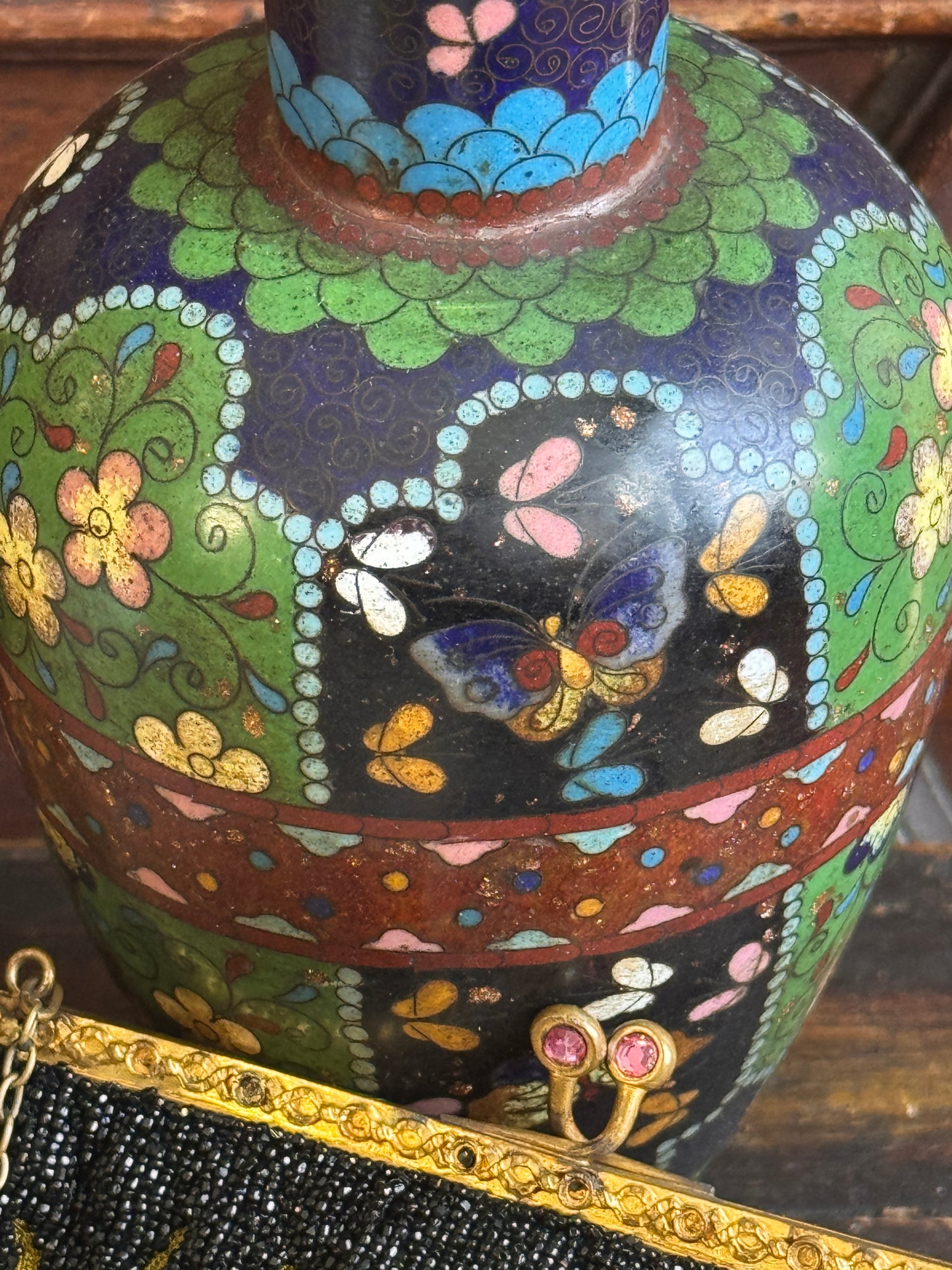 Antique Japanese Meiji Cloisonne Enamel Vase Goldstone Ground Butterflies 8"