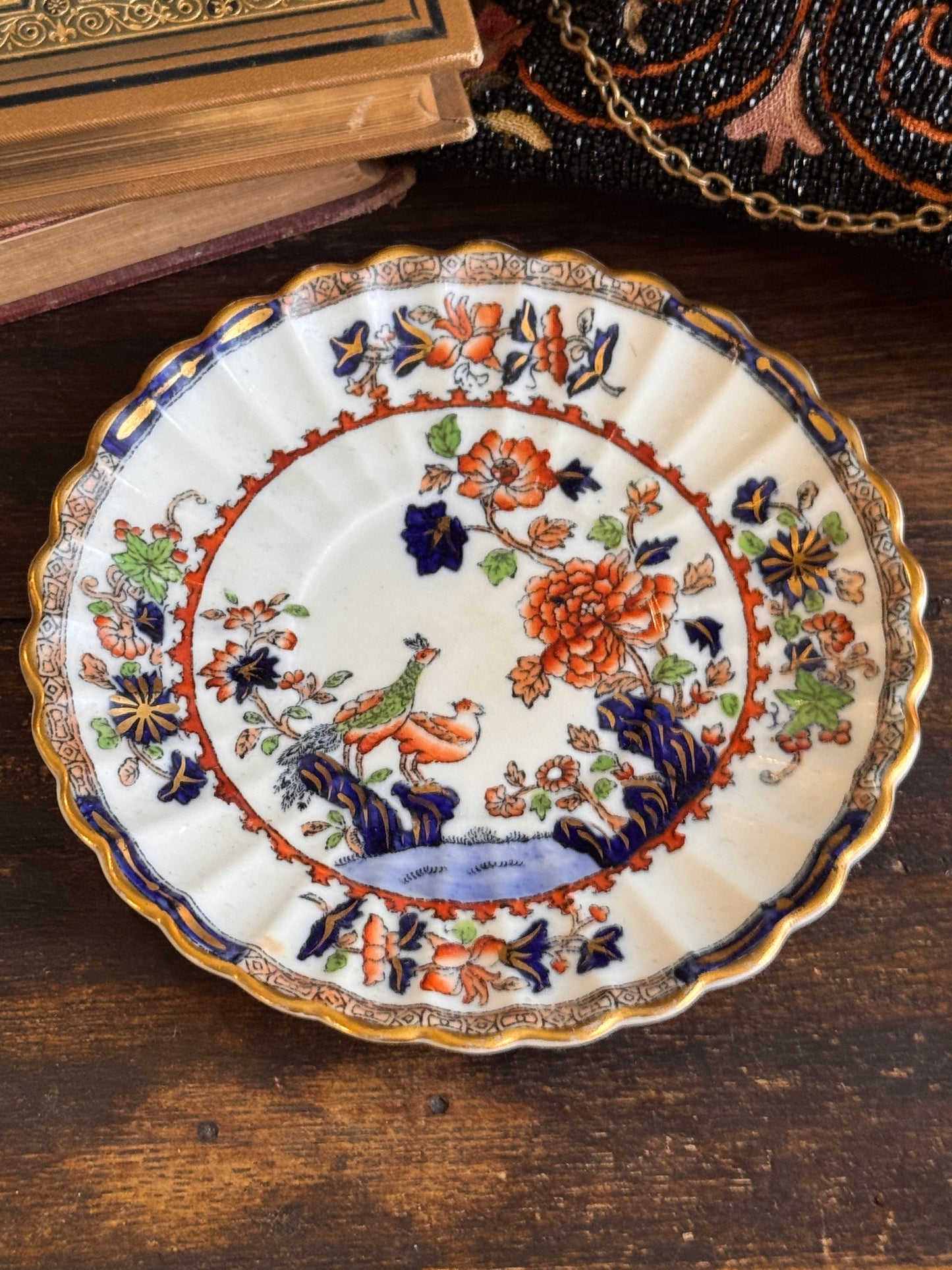 Spode Copeland Peacocks Demitasse Ruffled Edge Cup and Saucer